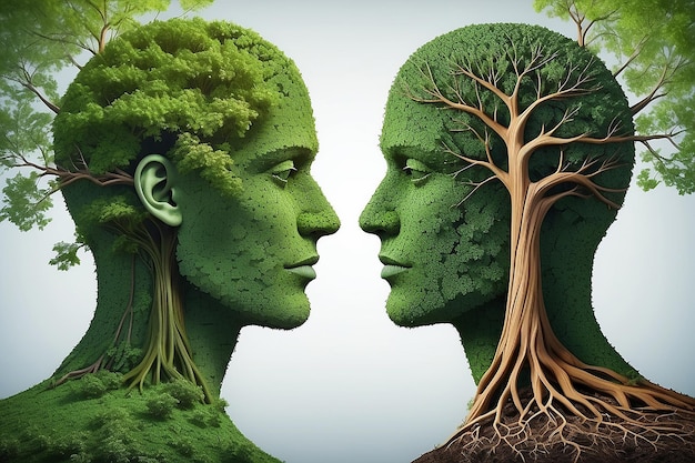 Parceria de negócios perfeita como um quebra-cabeça de conexão em forma de duas árvores em forma de cabeças humanas