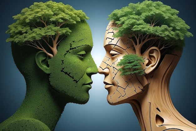 Parceria de negócios perfeita como um quebra-cabeça de conexão em forma de duas árvores em forma de cabeças humanas
