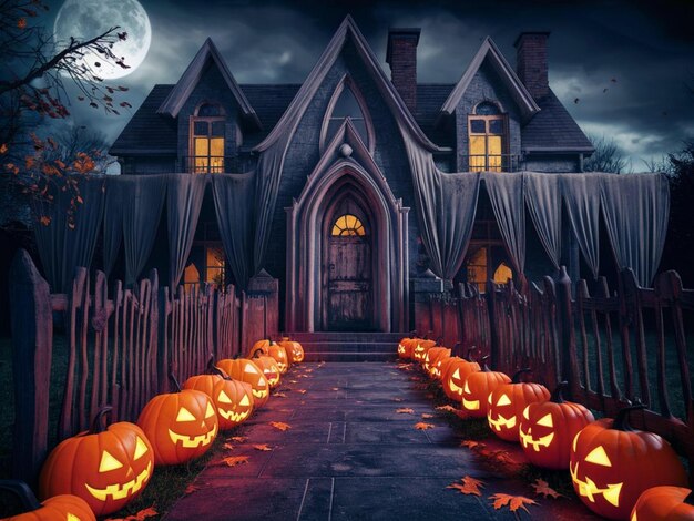 un parche de calabaza de Halloween con una casa en el fondo