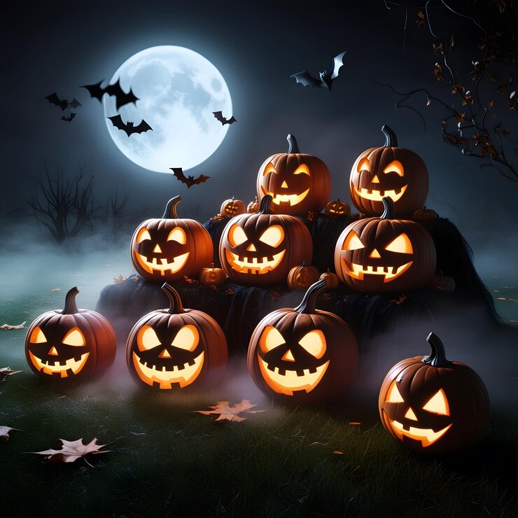 un parche de calabaza con murciélagos volando a su alrededor