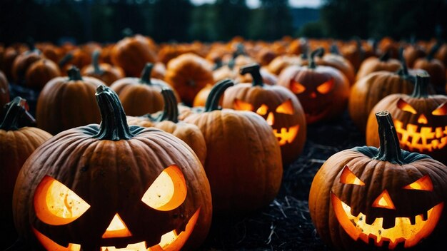 un parche de calabazas con una cara de calabaza y una cara tallada en él