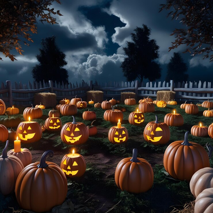 un parche de calabazas con una cara de calabaza en él