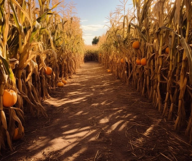 Un parche de calabazas con un laberinto de maíz