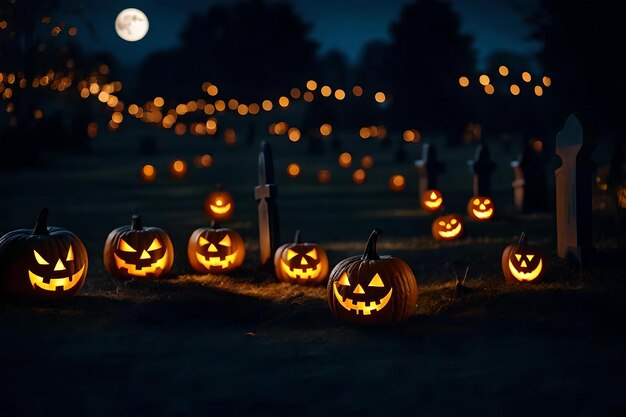 Un parche de calabazas con una luna llena detrás de él