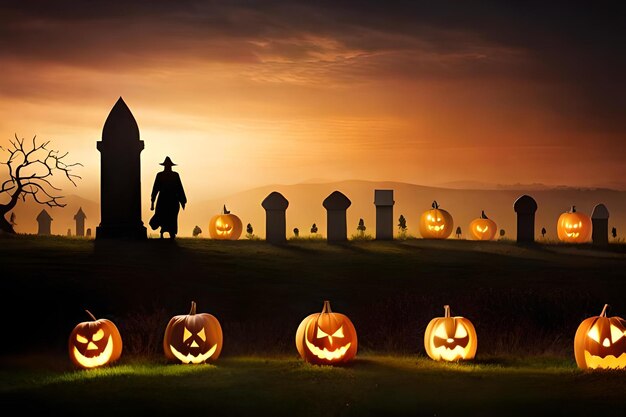 Un parche de calabazas con una silueta de un cementerio en el fondo.