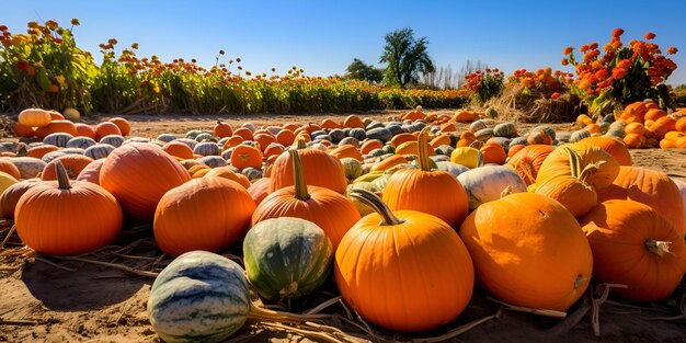 Foto un parche de calabazas con varias calabazas de diferentes formas