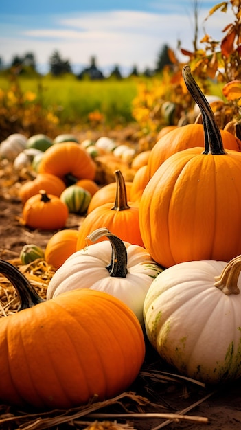 Un parche de calabazas con varias calabazas de diferentes formas