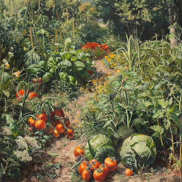 Un parche de verduras que prospera con tomates zanahorias y hierbas
