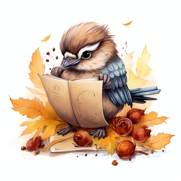 Pardal com livro e caneca na floresta de outono