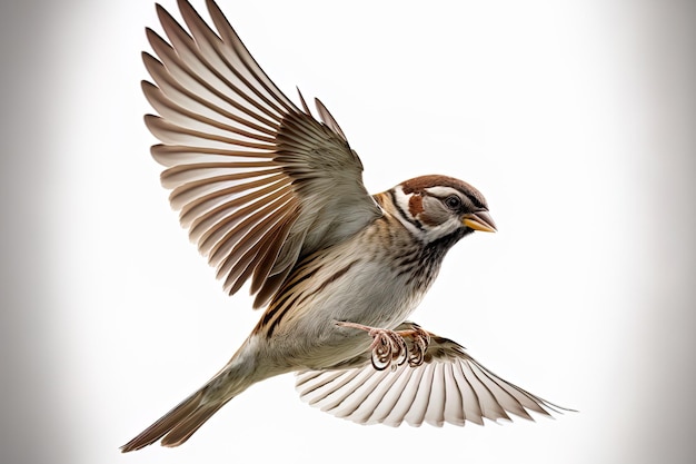 Pardal voando sobre fundo branco Passer domesticus