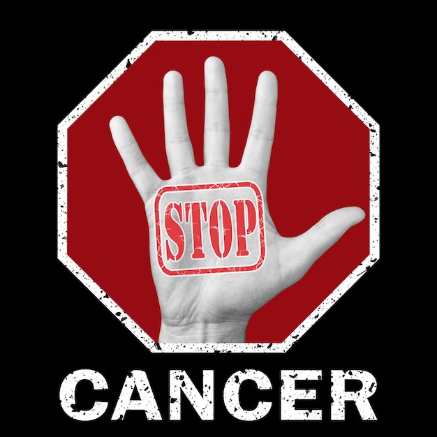 Pare de ilustração conceitual de câncer. Abra a mão com o texto parar de câncer. Problema social global