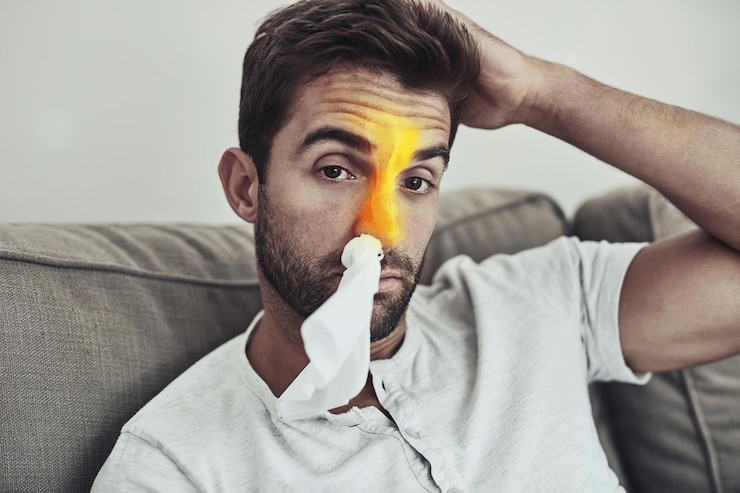 Foto parece que está na temporada de gripe novamente retrato de um jovem infeliz usando um lenço no nariz devido a problemas relacionados a sinusite
