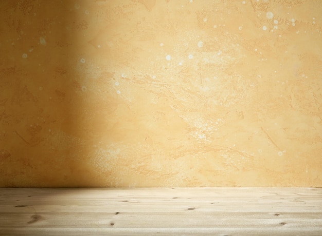 Pared amarilla y fondo de mesa de madera