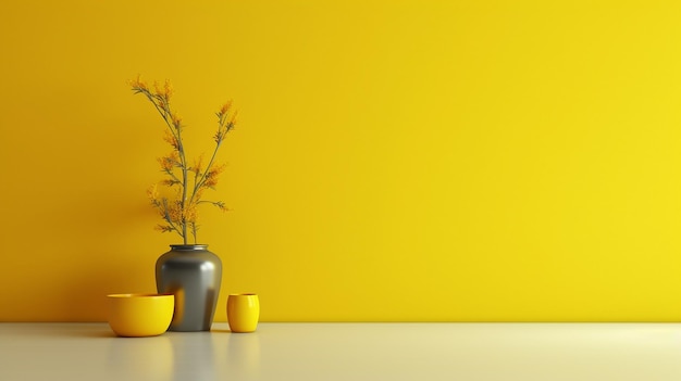 Una pared amarilla con un jarrón y tazas.
