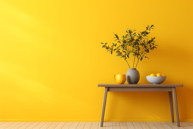 Foto pared amarilla con jarrones y banco de madera renderizado en 3d