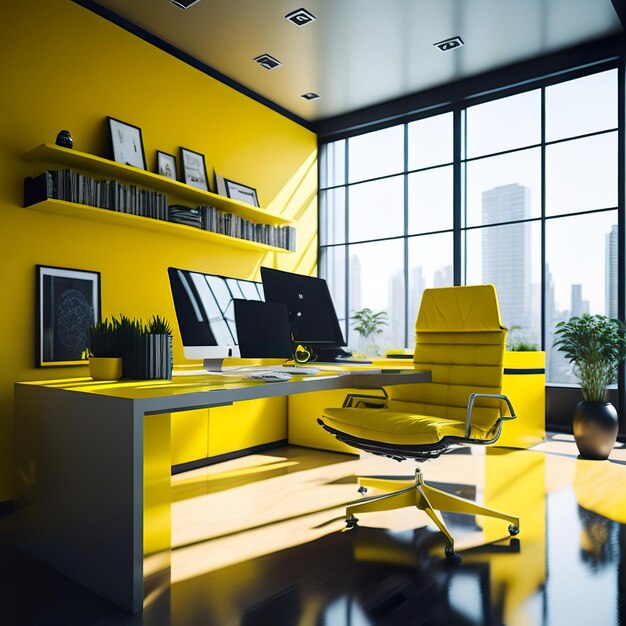 Foto una pared amarilla en una oficina moderna con una computadora y un monitor.