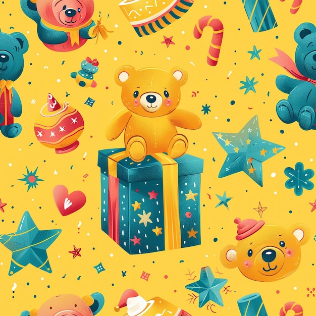 Foto pared amarilla con un oso de dibujos animados y una caja de estrellas y un patrón de oso