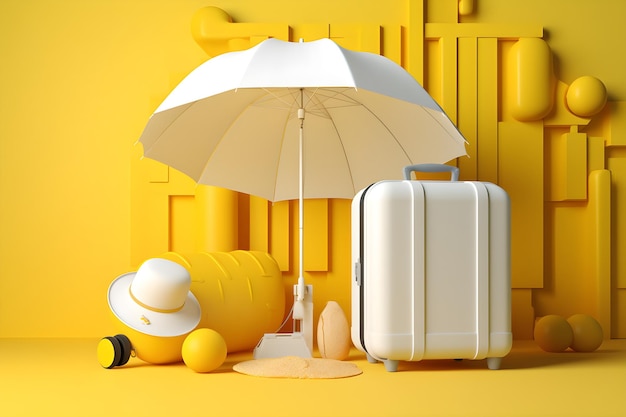 Una pared amarilla con un paraguas blanco y un paraguas blanco.