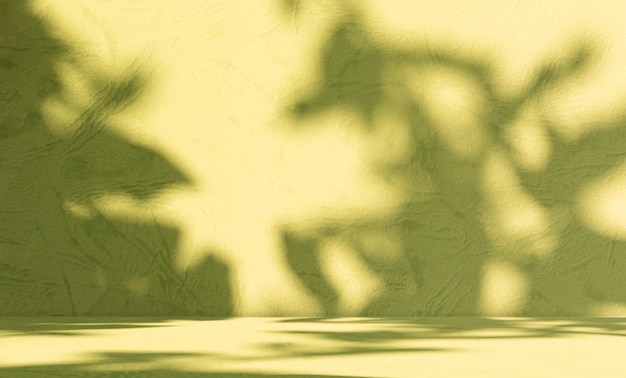 Una pared amarilla con sombras de plantas y una chica con sombrero.