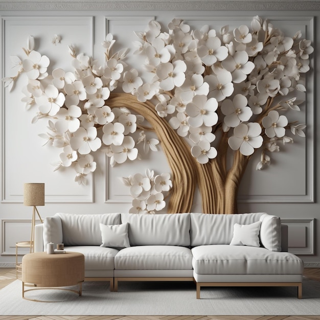 Pared arafed con un árbol hecho de flores de papel ai generativo