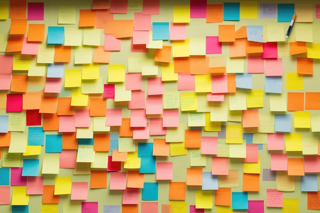 Pared artística cubierta por un arco iris de notas de Postit