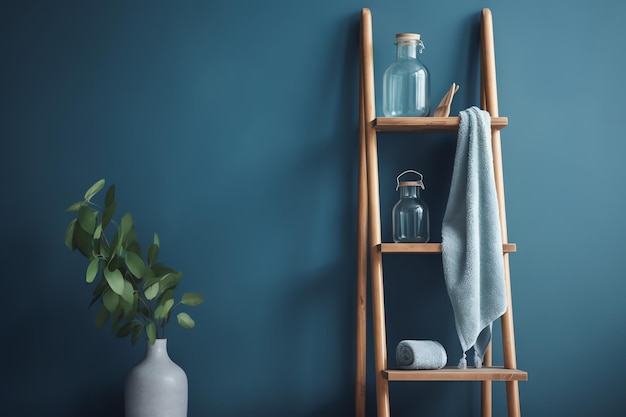 Una pared azul con una escalera y un jarrón con una planta.