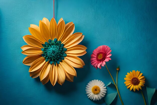 una pared azul con flores y una cuerda colgando de ella