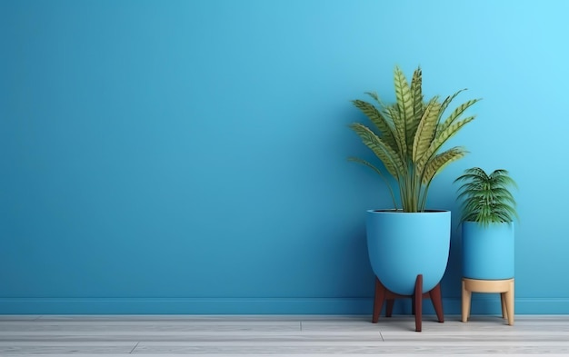 Pared azul en una habitación con una planta.