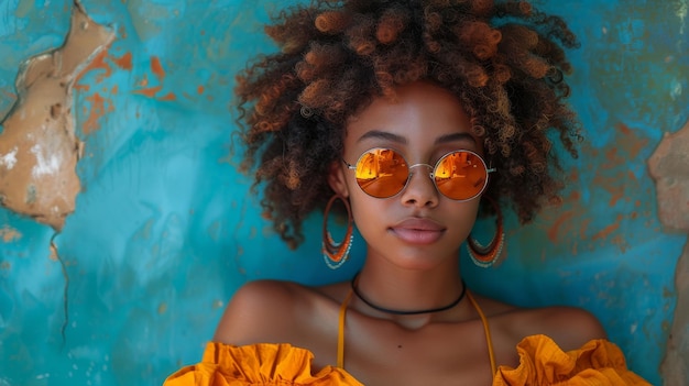 Pared azul con mujer negra con cabello afro escuchando música