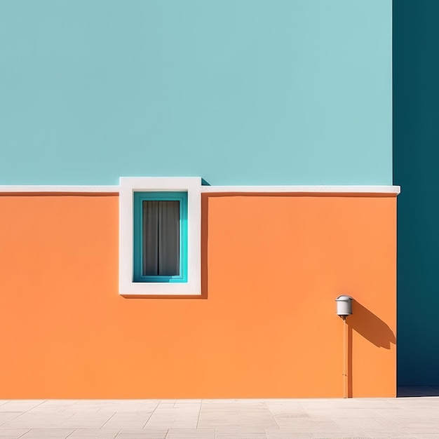 Foto una pared azul y naranja con una ventana que dice 