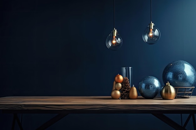 Pared azul oscuro en la habitación y una mesa de madera vacía