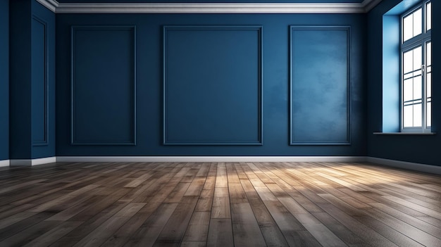 Pared azul oscuro en una habitación vacía con suelo de madera IA generativa