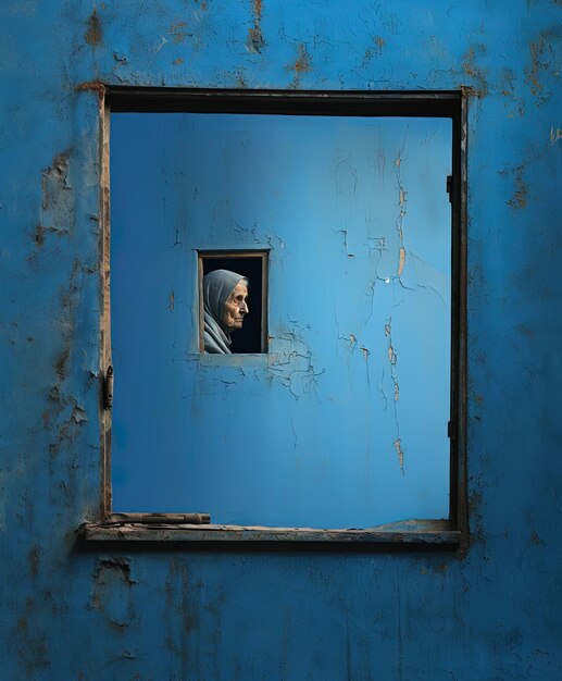 Foto una pared azul con una ventana que tiene a un hombre mirando hacia afuera
