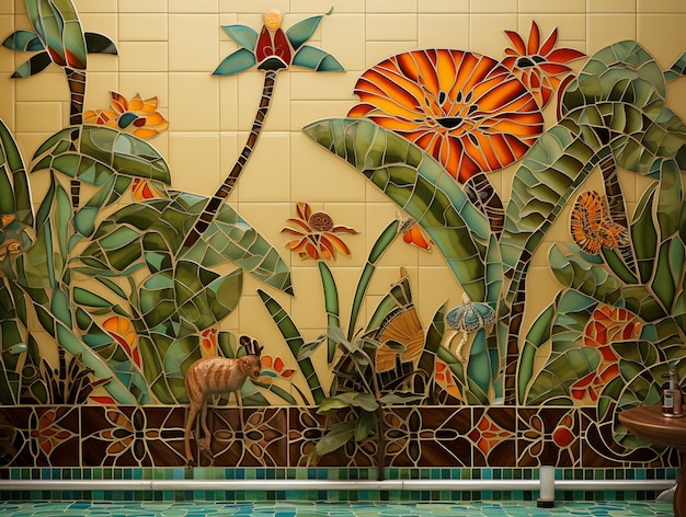 Foto pared de azulejos con un diseño de mosaico de flores y plantas generativo ai