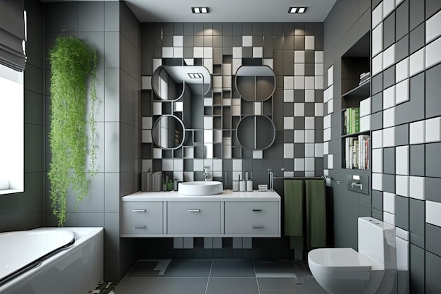 Pared de azulejos grises en el baño contemporáneo