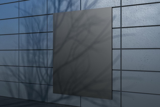 Pared de azulejos oscuros creativos al aire libre con sombra de árbol y bandera simulada negra Concepto de diseño urbano Rendering 3D