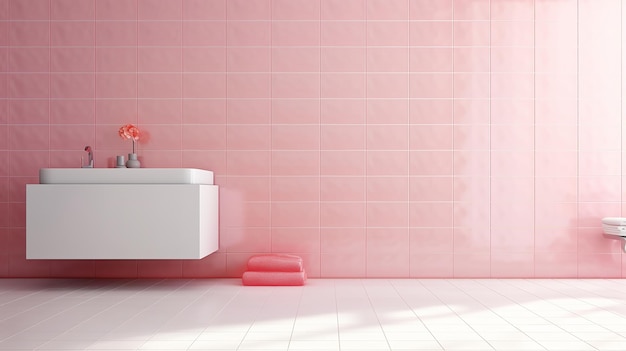 Pared de azulejos rosados con fondo a cuadros piso del baño