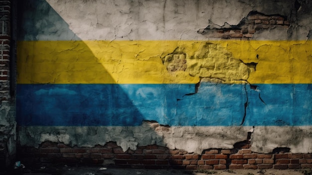 Una pared con una bandera azul y amarilla pintada