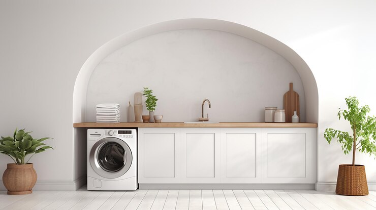 pared blanca en blanco con puerta de arco al lavadero cuarto de servicio de diseño moderno con lavadora