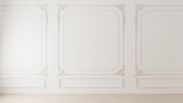 Foto pared blanca con molduras de estilo clásico y piso de madera habitación vacía interior 3d render