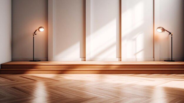 Una pared blanca con piso de madera y una luz.