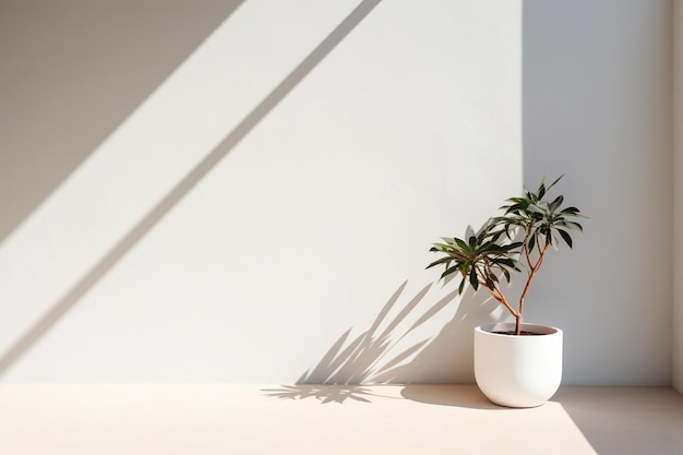 Una pared blanca con una planta en una maceta blanca.