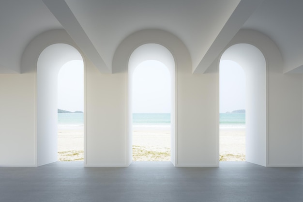 Pared blanca sobre suelo de hormigón gris de salón luminoso en casa de playa moderna o hotel de lujo.