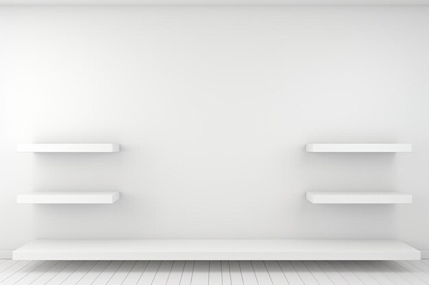 Foto una pared blanca con tres estantes que dicen estantes
