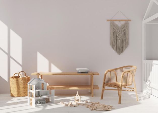 Pared blanca vacía en la habitación infantil moderna Interior simulado en estilo boho escandinavo Copie el espacio para su foto o póster Consola sillón de ratán juguetes macramé Habitación acogedora para niños renderizado 3D