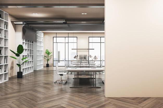 Pared en blanco claro con lugar para su logotipo o texto a la luz en una moderna oficina de diseño de interiores con suelos de madera acogedores espacios de trabajo con ordenadores y plantas verdes en maqueta de renderizado 3D de maceta
