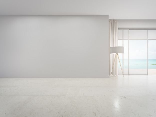 Pared en blanco en el piso de mármol beige vacío del gran salón en casa moderna