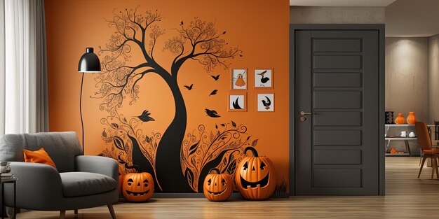 Foto una pared de calabazas con murciélagos en ella