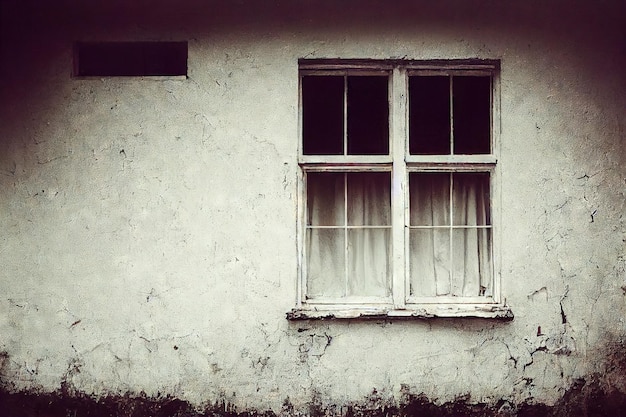 Pared de la casa abandonada con un marco de ventana