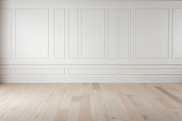 Pared clásica blanca con espacio para copiar habitación simulada suelo de parquet de color beige